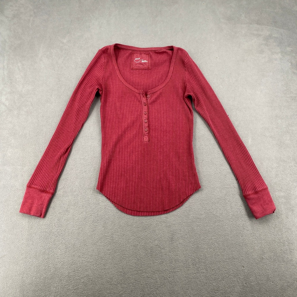 Aerie Womens Small Burgundy Red Ribbed Long Sleeve Henley Top Curved Hem 8733